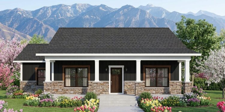 1,260 Sq. Ft. Country House Plan with 3 Bedrooms, 2 Bathrooms, Open Living Area & Front Porch